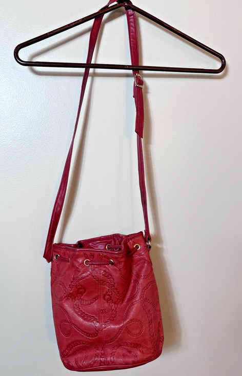 Unknown Handbags - Red Leather Embossed Bucket Bag Crossbody Drawstring Purse Boho Western Festival